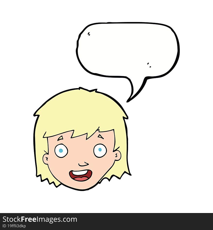 cartoon happy female face with speech bubble