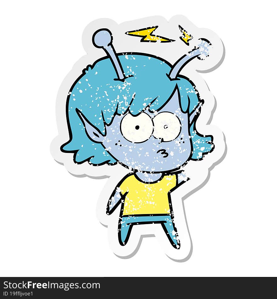 distressed sticker of a cartoon alien girl