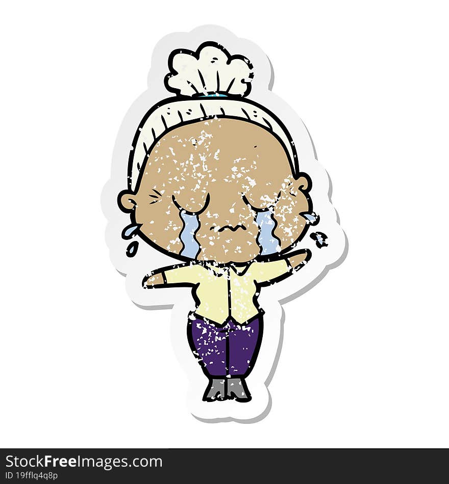 distressed sticker of a cartoon crying old lady