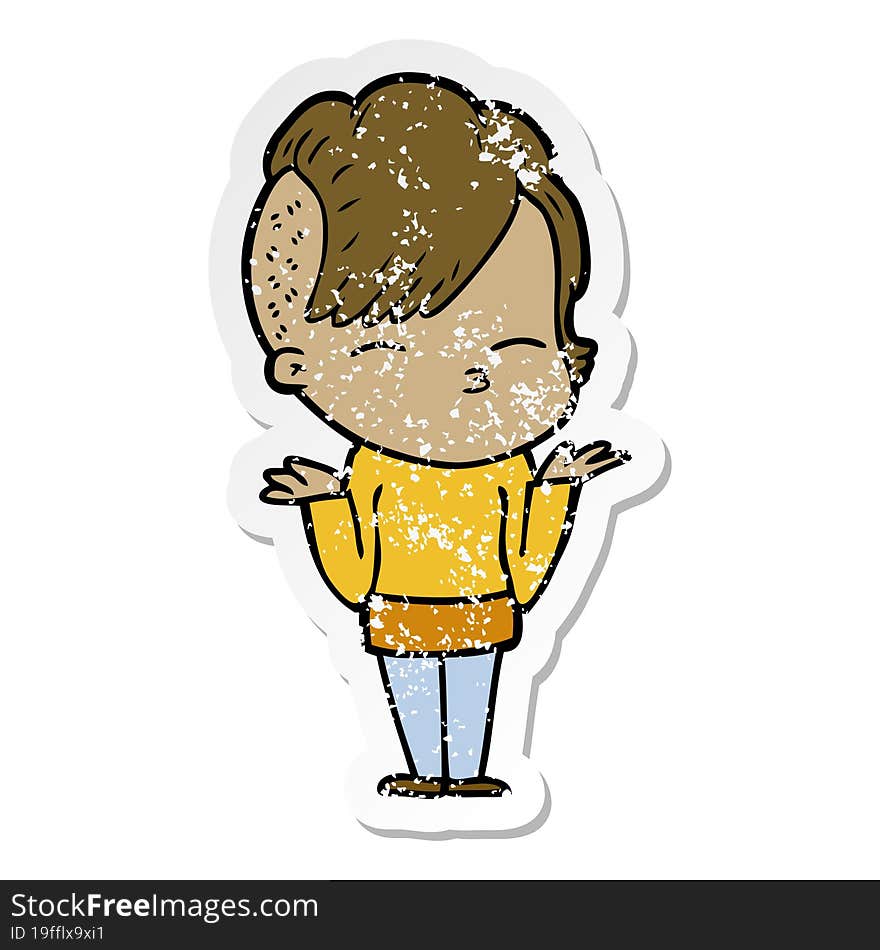 distressed sticker of a cartoon girl shrugging shoulders