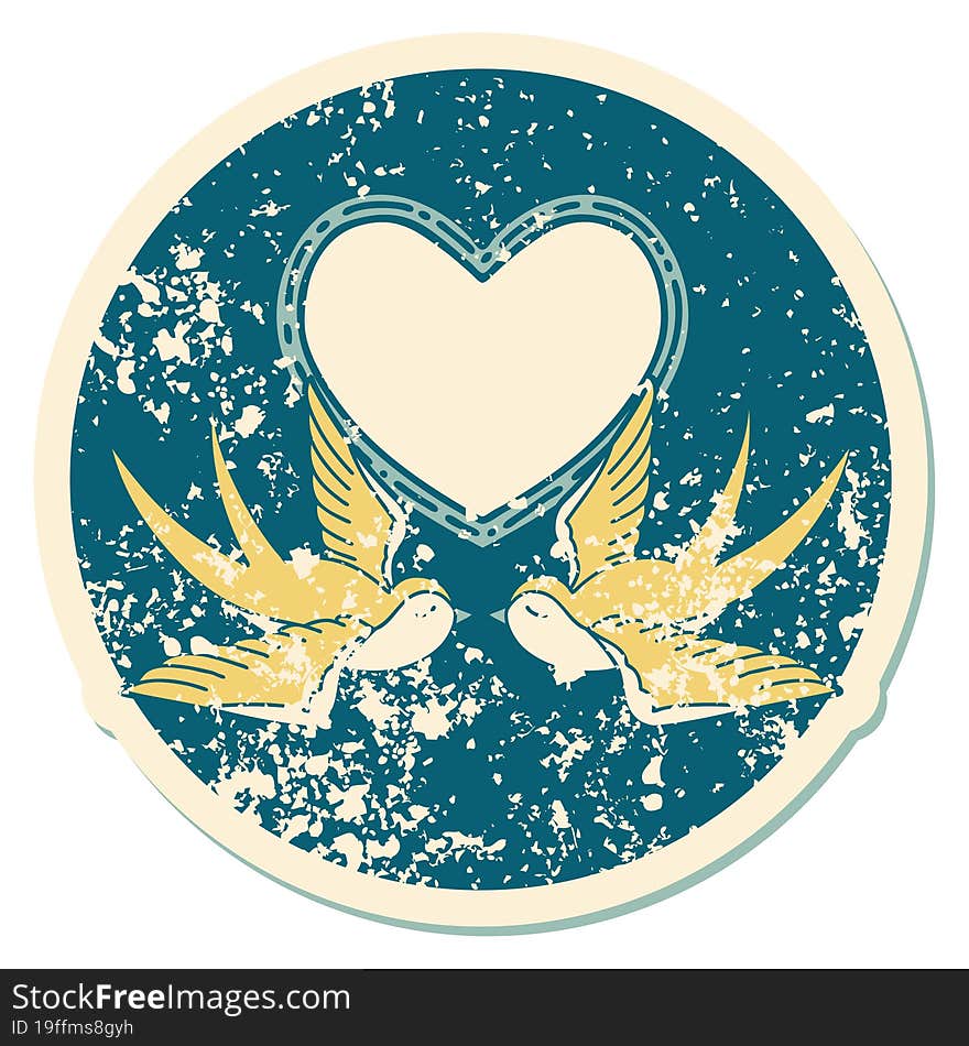 Distressed Sticker Tattoo Style Icon Of A Swallows And A Heart