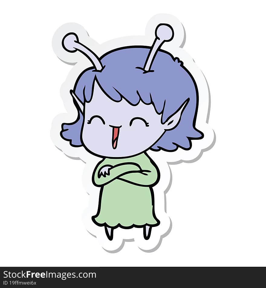 sticker of a cartoon alien girl laughing