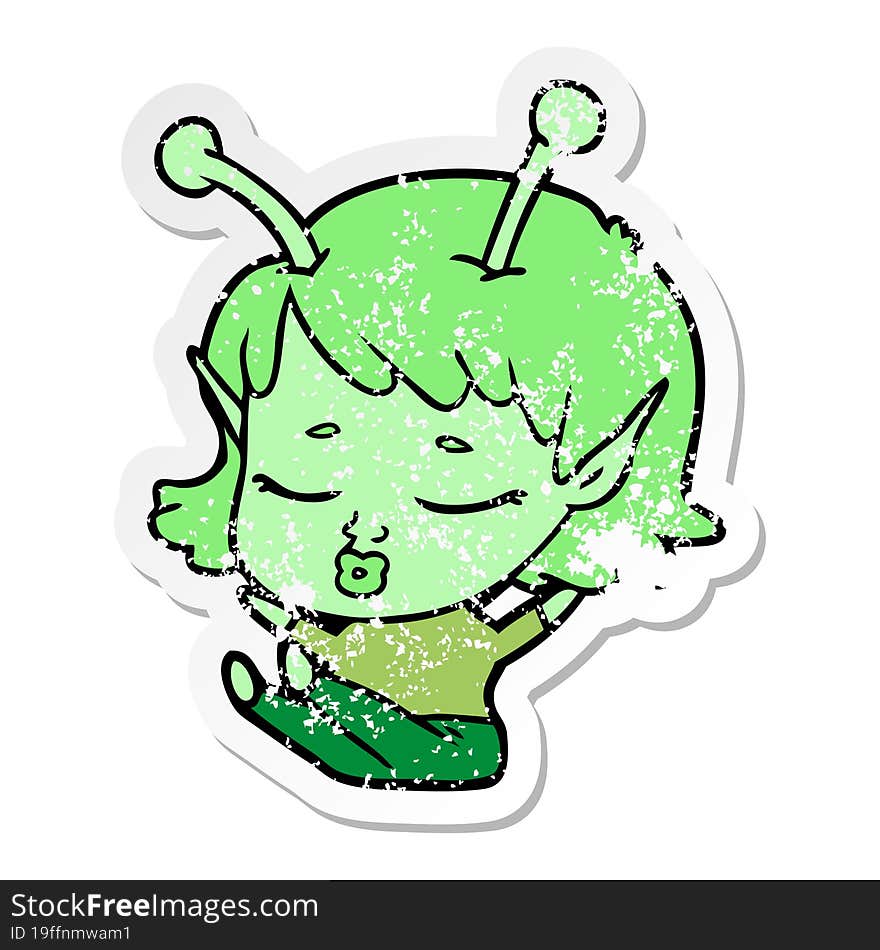 distressed sticker of a cute alien girl cartoon