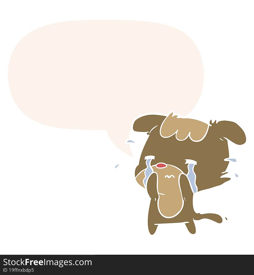 cartoon sad dog crying and speech bubble in retro style