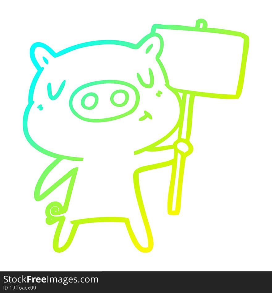 cold gradient line drawing of a cartoon content pig signpost;sign