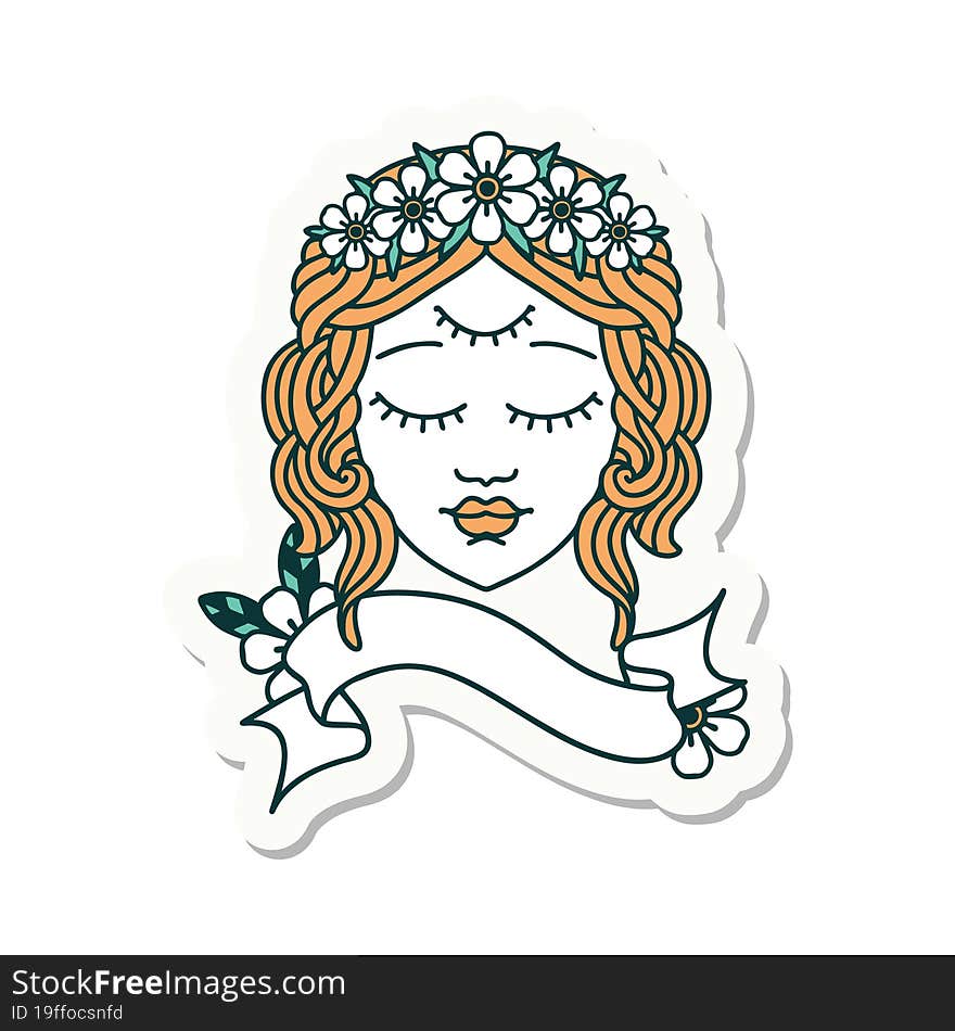 tattoo style sticker with banner of female face with third eye