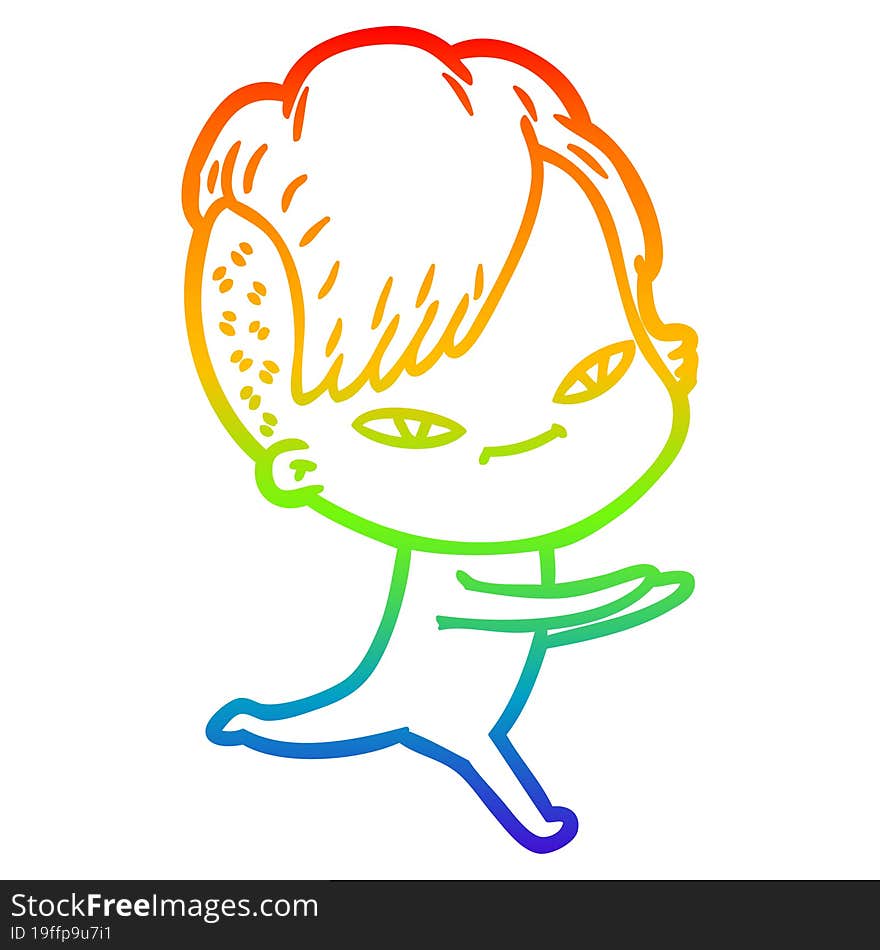 Rainbow Gradient Line Drawing Cute Cartoon Girl With Hipster Haircut