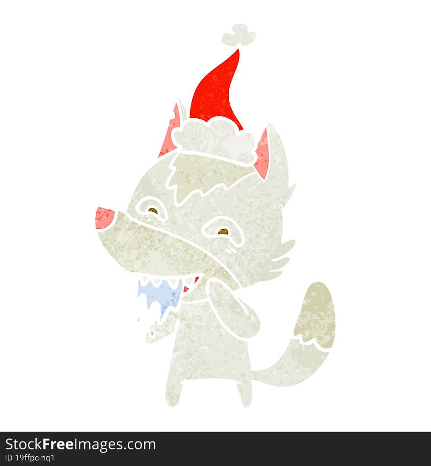 retro cartoon of a hungry wolf wearing santa hat