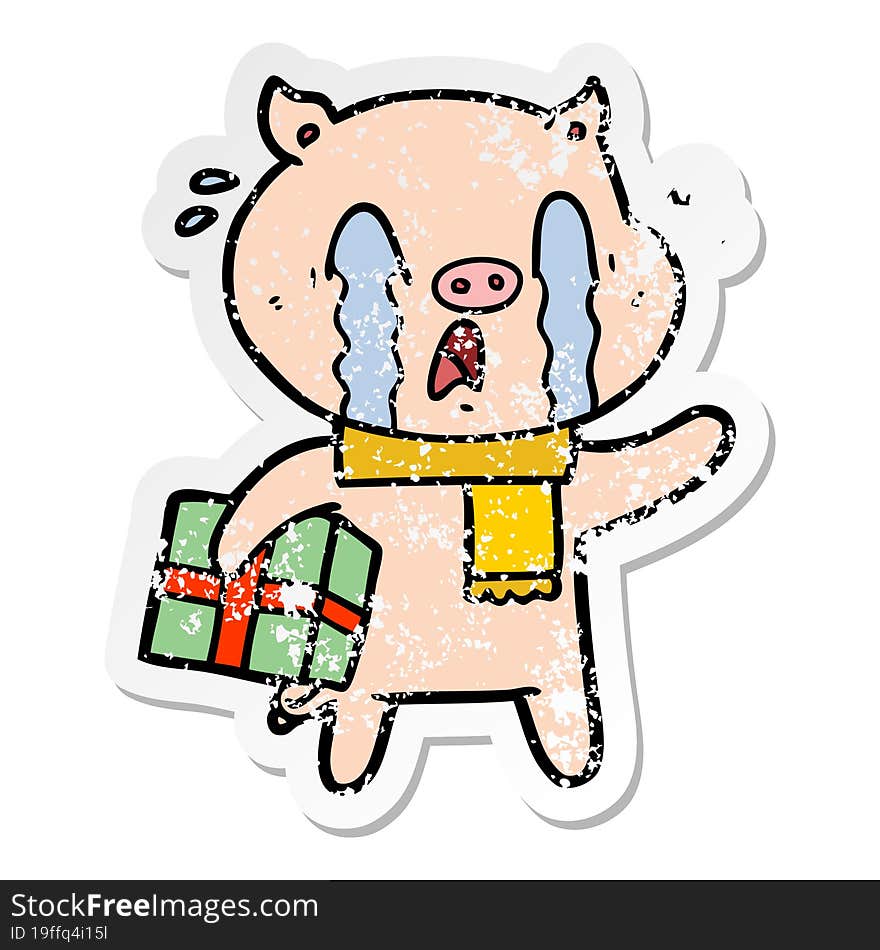 distressed sticker of a crying pig cartoon delivering christmas present