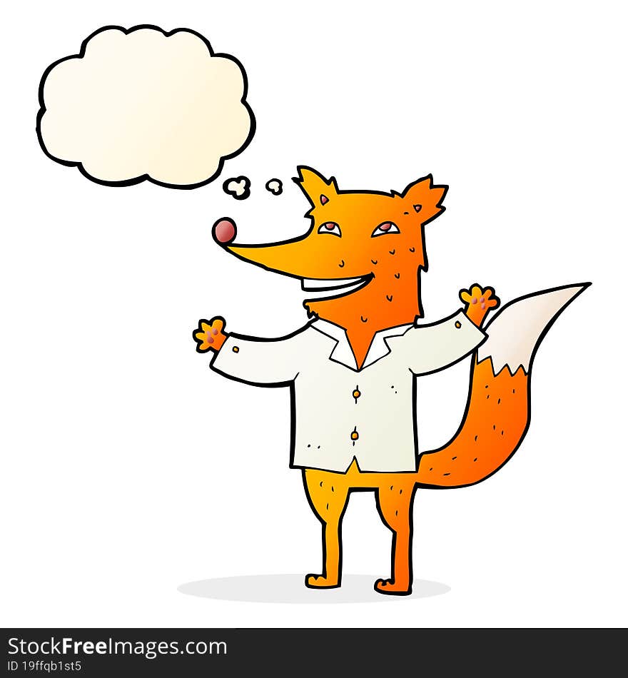 cartoon happy fox wearing shirt with thought bubble