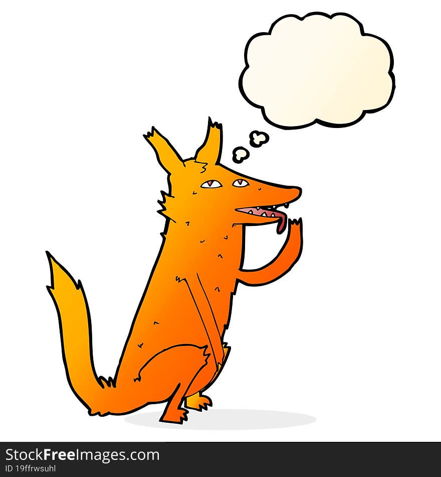 cartoon fox licking paw with thought bubble