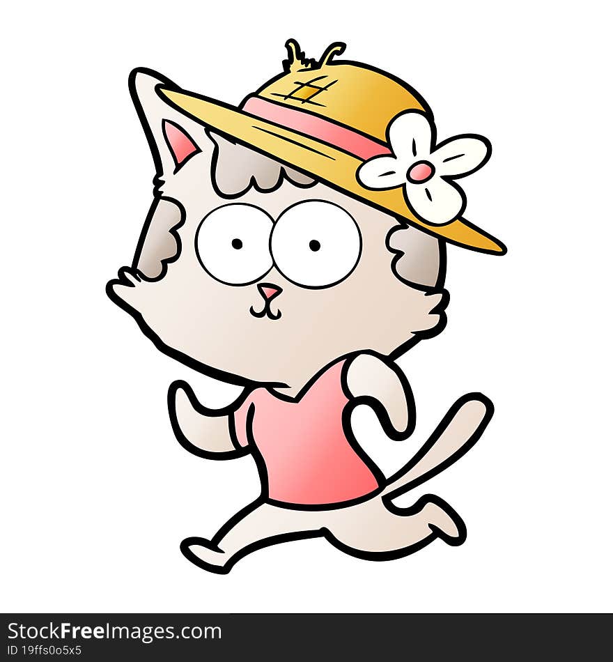 happy cartoon cat jogging in hat. happy cartoon cat jogging in hat