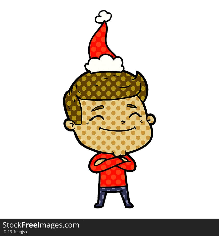 happy comic book style illustration of a man wearing santa hat