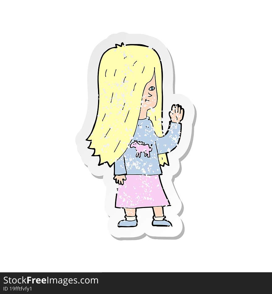 retro distressed sticker of a cartoon girl with pony shirt waving