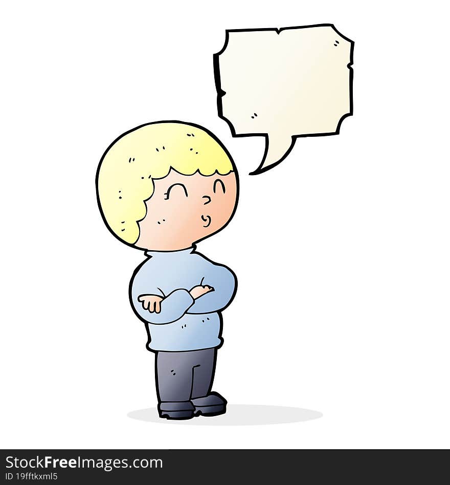 cartoon boy with folded arms with speech bubble