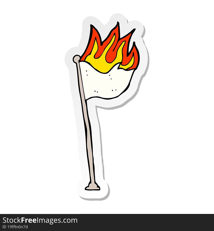 sticker of a cartoon burning flag on pole