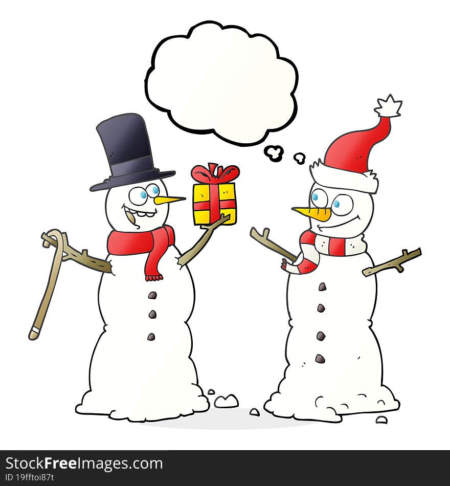 thought bubble cartoon snowmen exchanging gifts