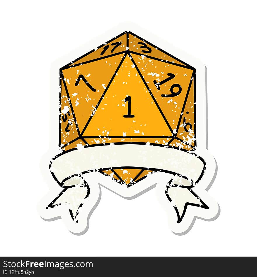 grunge sticker of a natural one d20 dice roll. grunge sticker of a natural one d20 dice roll