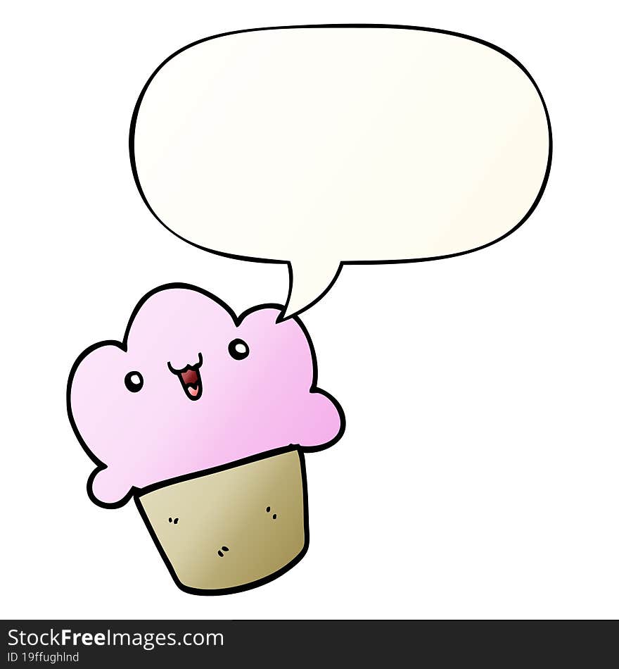 cartoon cupcake and face and speech bubble in smooth gradient style