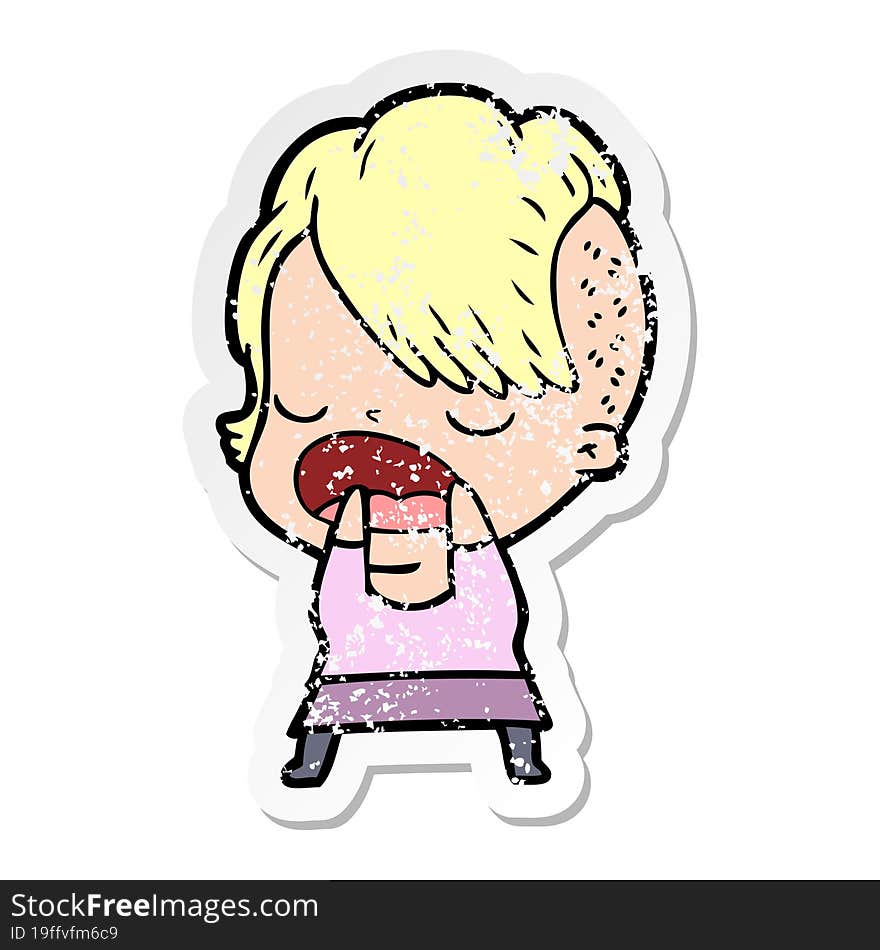 distressed sticker of a cartoon cool hipster girl talking