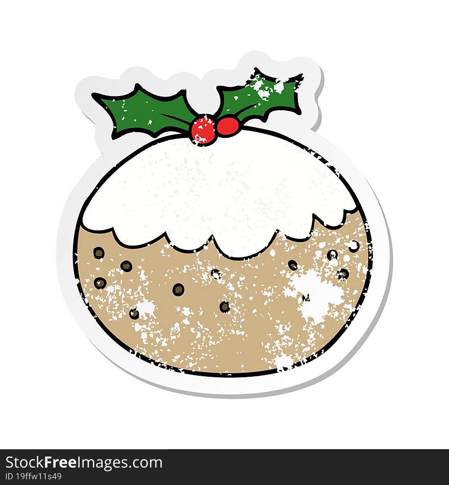 distressed sticker of a cartoon christmas pudding