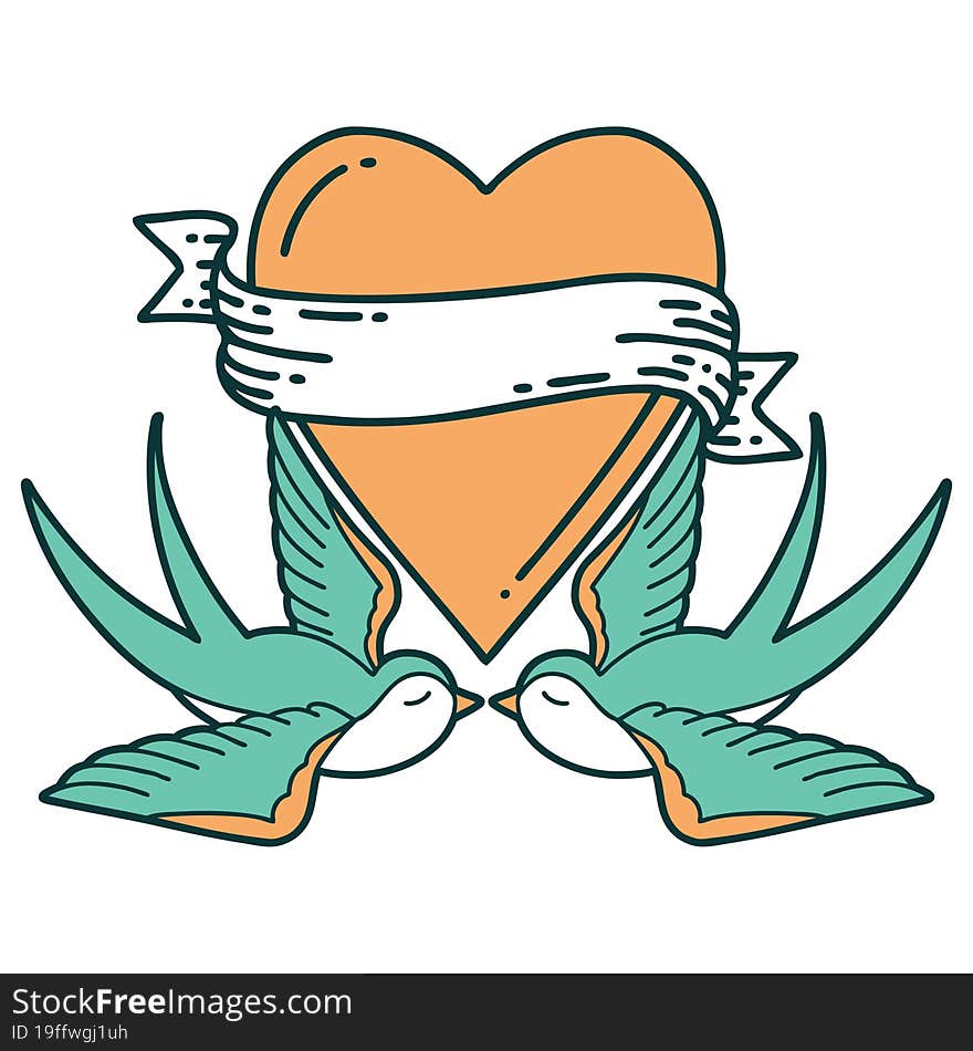 tattoo style icon of a swallows and a heart with banner