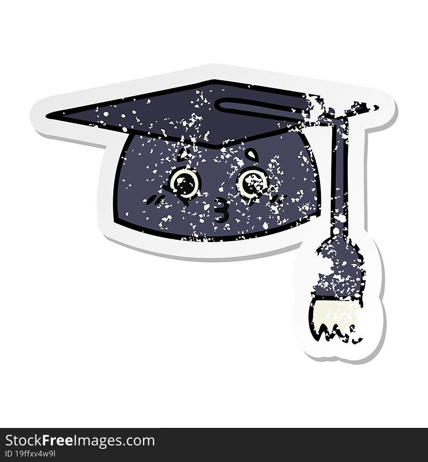 distressed sticker of a cute cartoon graduation hat