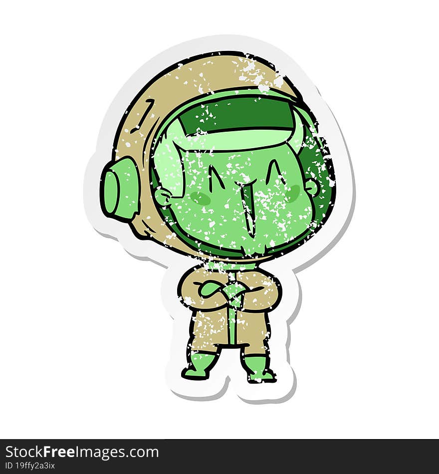 distressed sticker of a happy cartoon astronaut