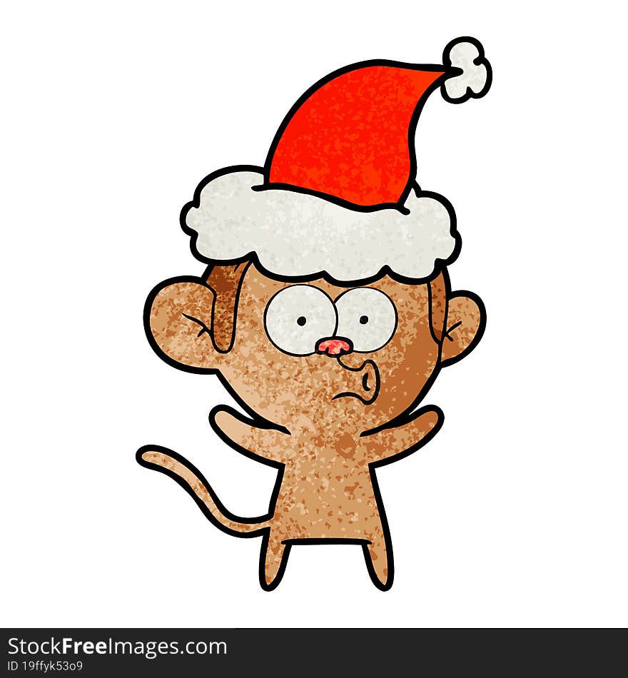 textured cartoon of a surprised monkey wearing santa hat