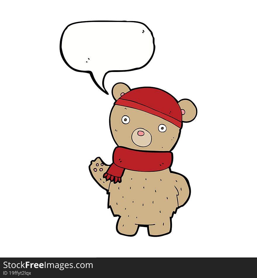 Cartoon Teddy Bear In Winter Hat And Scarf With Speech Bubble