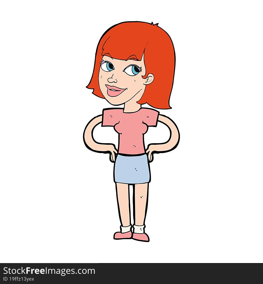 cartoon happy woman with hands on hips