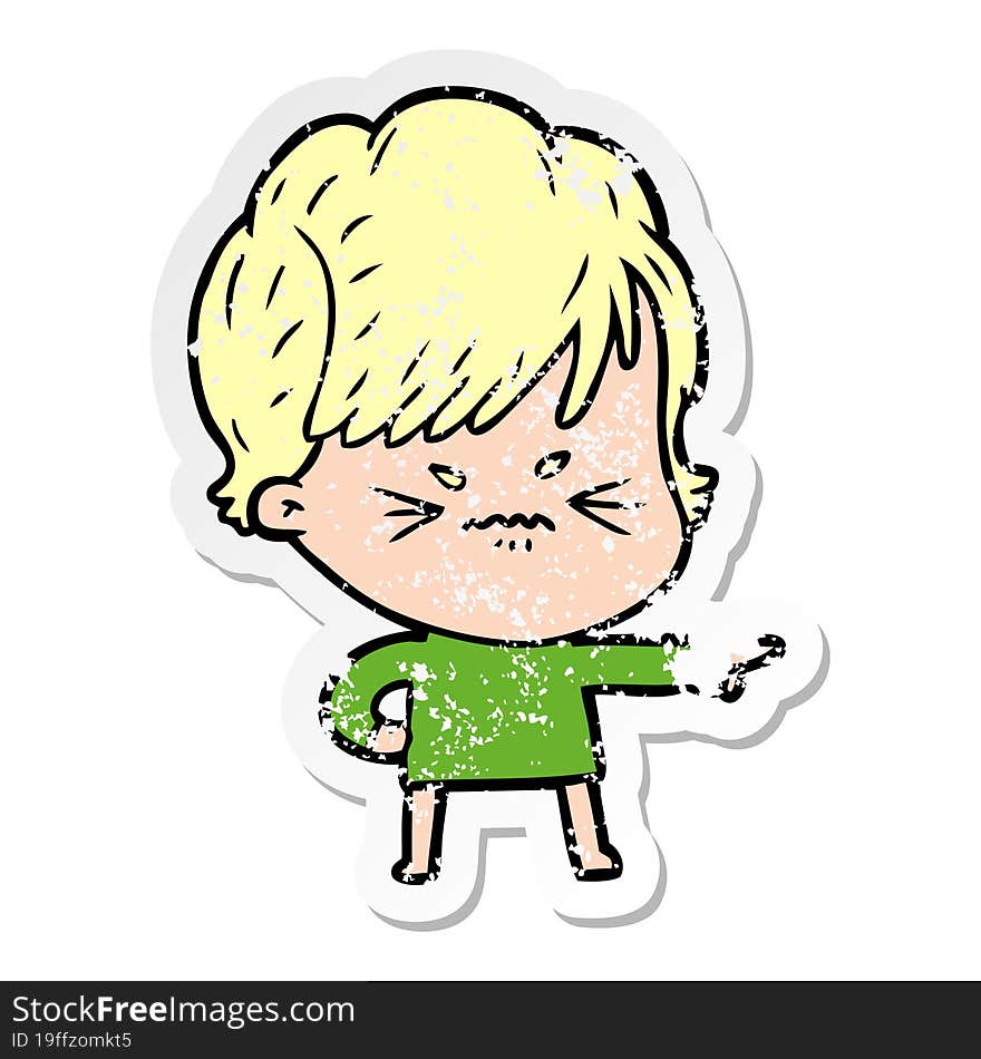 distressed sticker of a cartoon frustrated woman