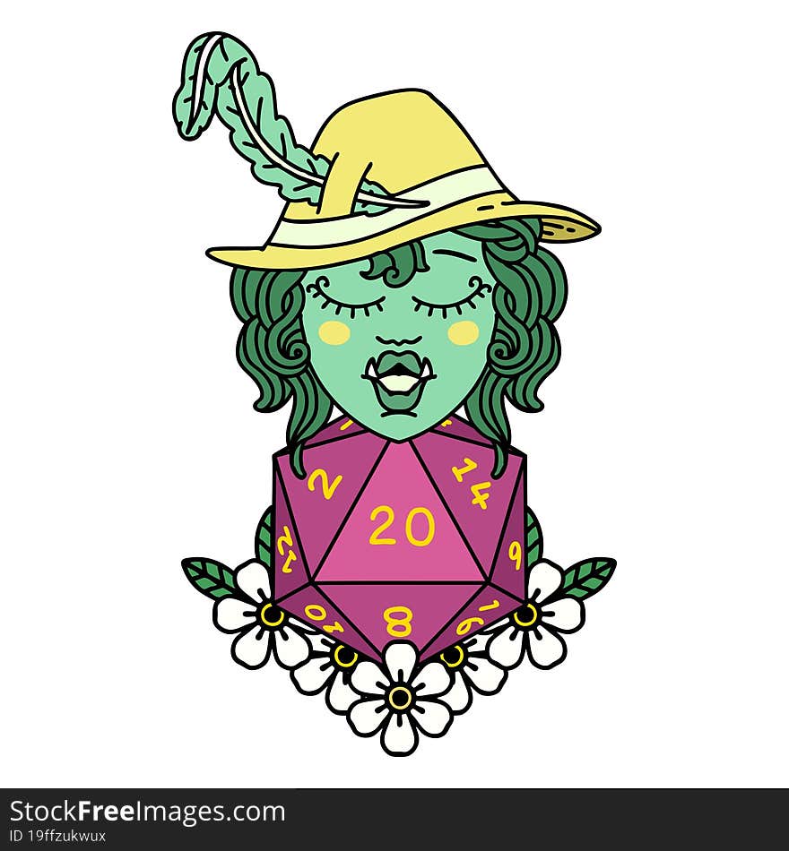 Retro Tattoo Style half orc bard with natural twenty dice roll. Retro Tattoo Style half orc bard with natural twenty dice roll