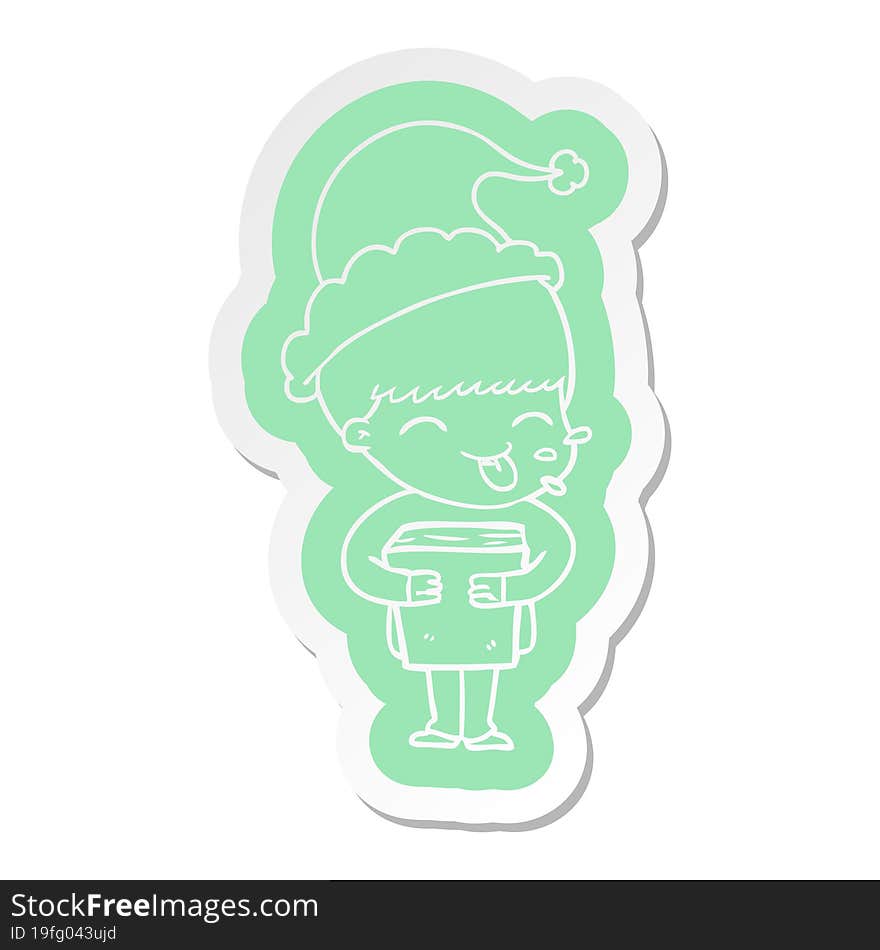 Cartoon  Sticker Of A Boy Wearing Santa Hat