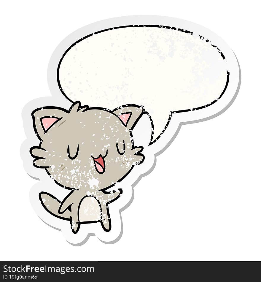 cartoon happy cat and speech bubble distressed sticker