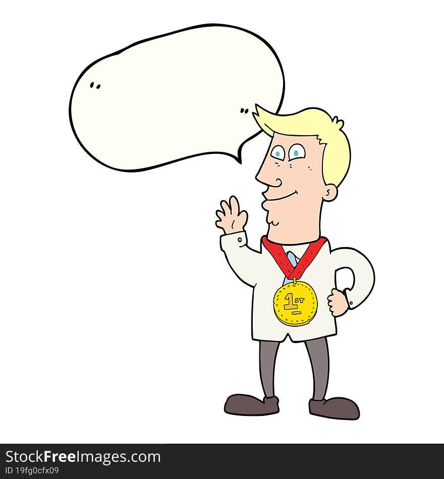 freehand drawn speech bubble cartoon waving man with award