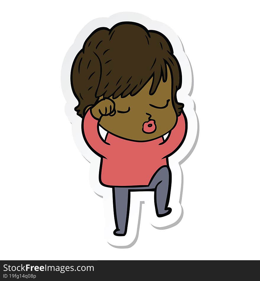 sticker of a cartoon woman with eyes shut