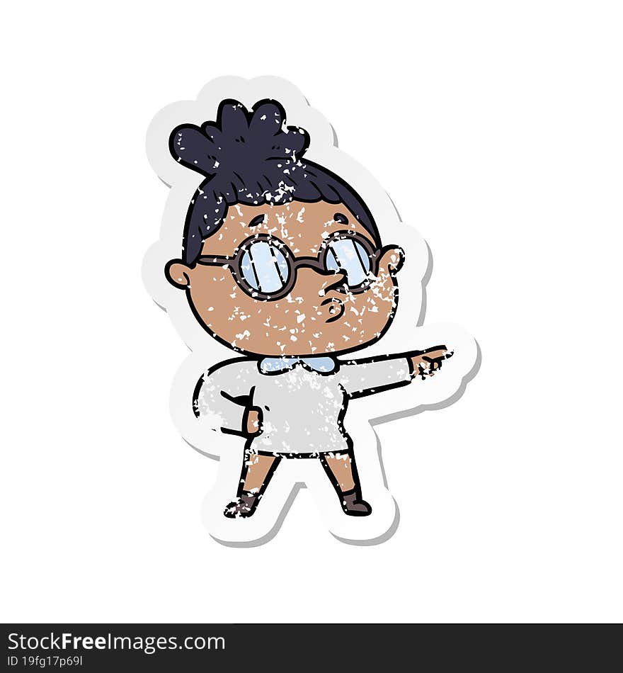 distressed sticker of a cartoon woman wearing glasses