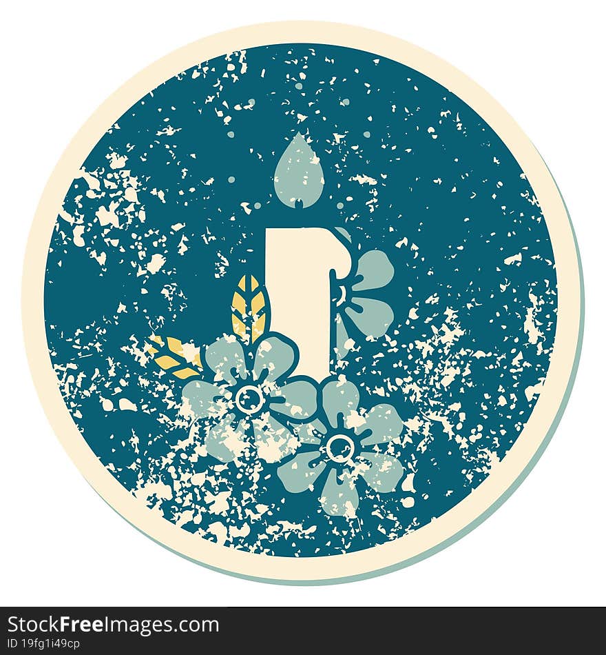 Distressed Sticker Tattoo Style Icon Of A Candle And Flowers