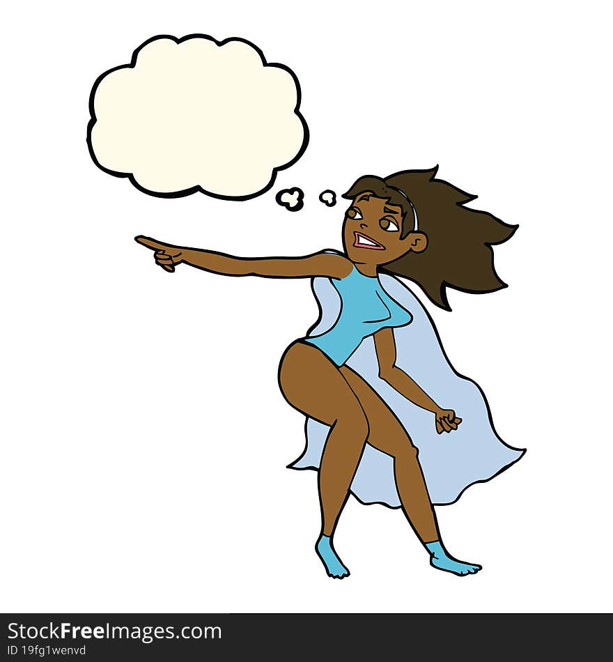 cartoon superhero woman pointing with thought bubble