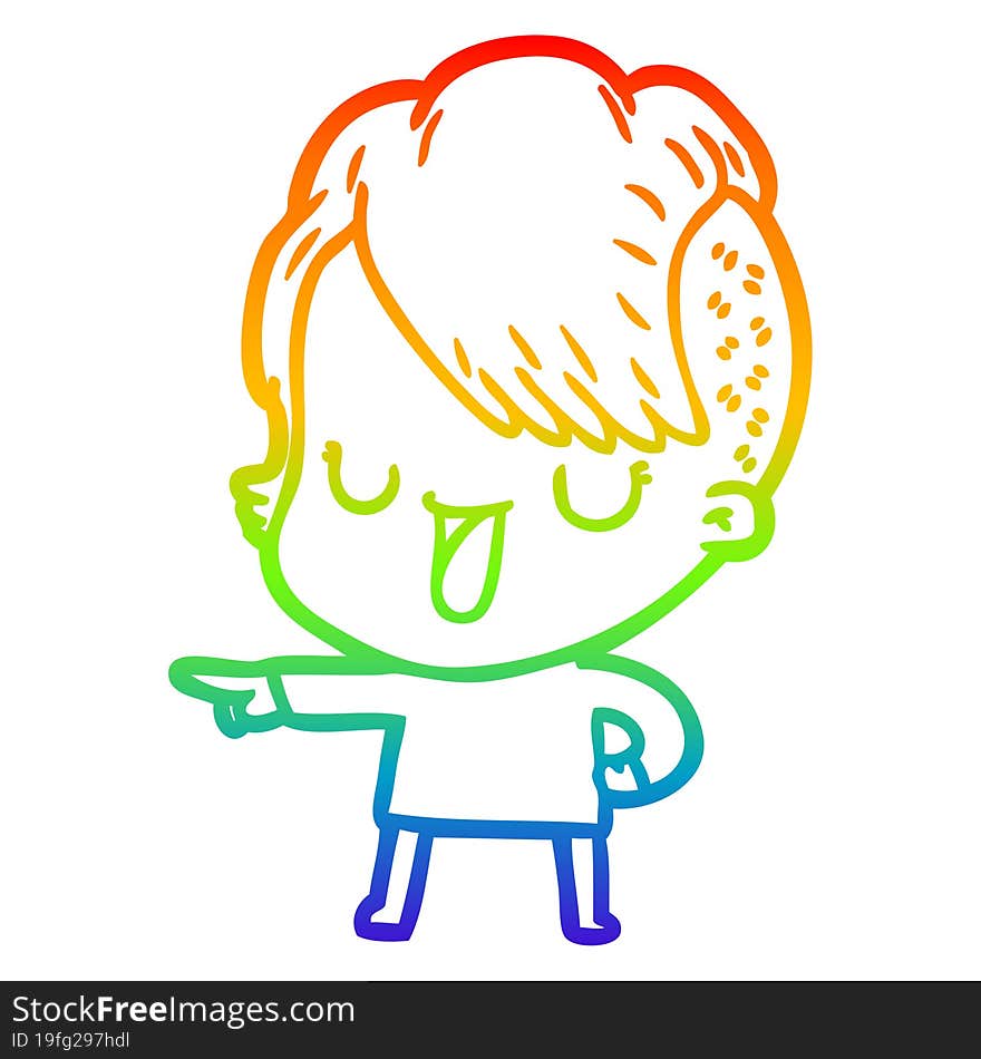 Rainbow Gradient Line Drawing Cute Cartoon Girl With Hipster Haircut