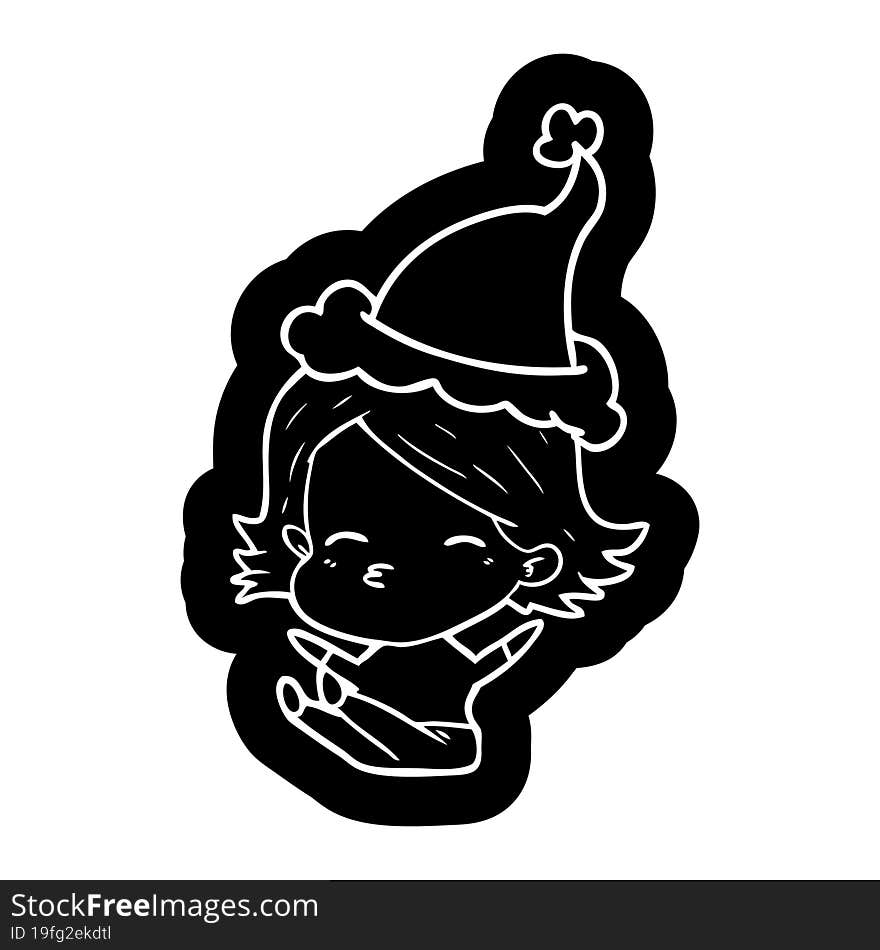 cartoon icon of a woman sitting wearing santa hat