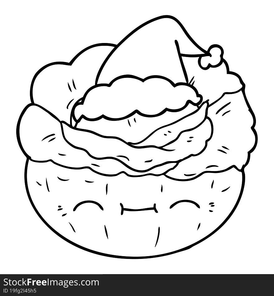 hand drawn line drawing of a cabbage wearing santa hat