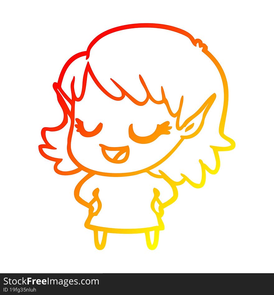 warm gradient line drawing happy cartoon elf girl