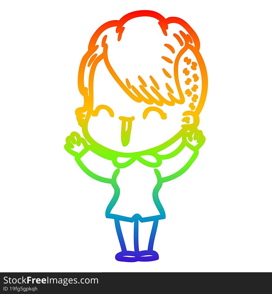 Rainbow Gradient Line Drawing Cartoon Happy Hipster Girl