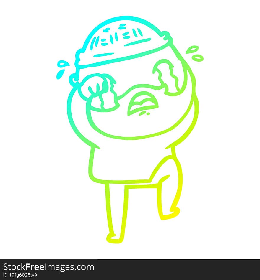 cold gradient line drawing cartoon bearded man crying and stamping foot