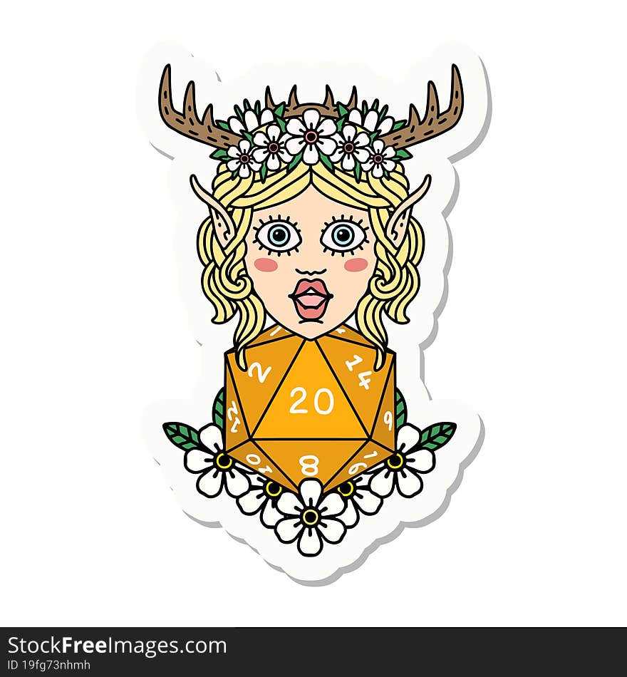 elf druid character with nautral twenty dice roll sticker