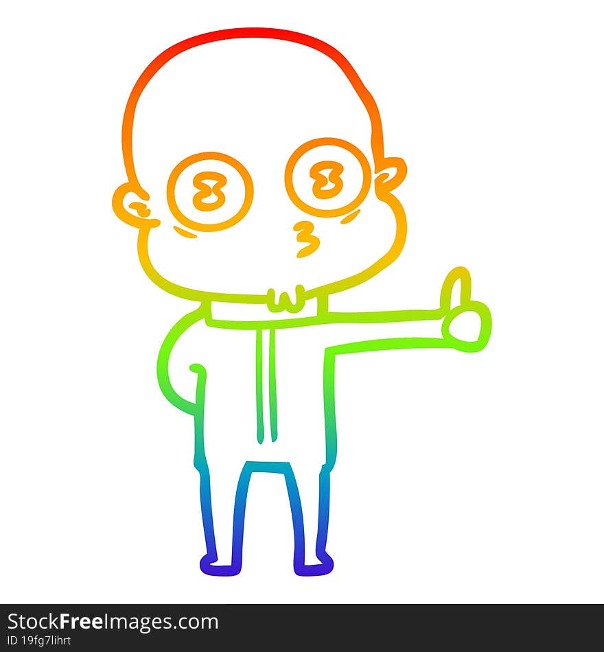 rainbow gradient line drawing cartoon weird bald spaceman giving thumbs up