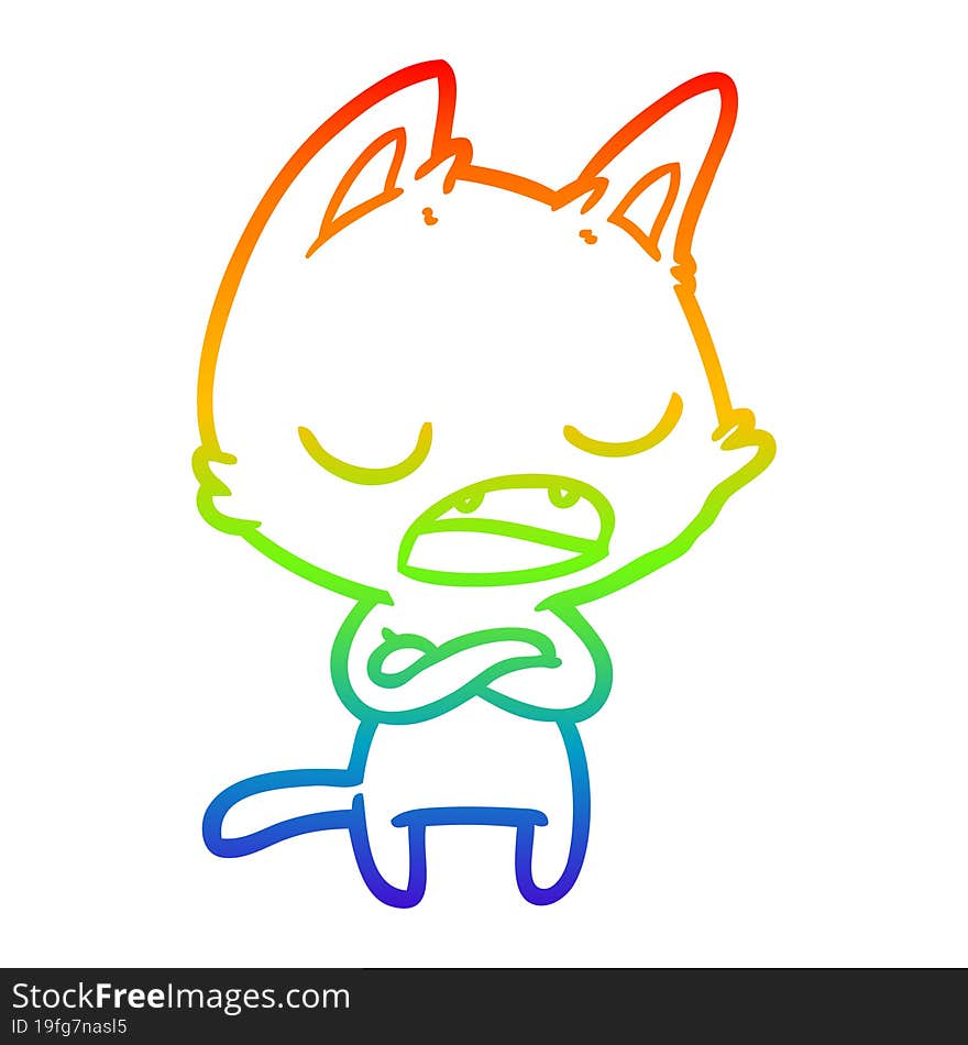 rainbow gradient line drawing of a talking cat with crossed arms