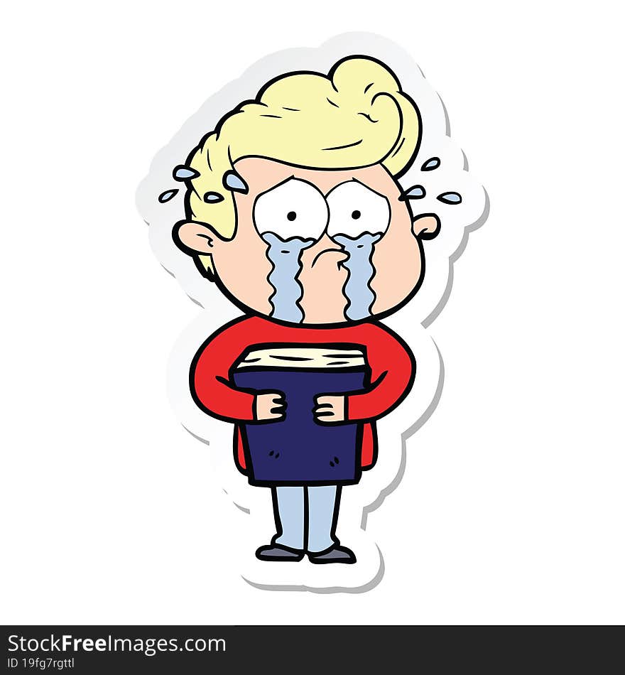 sticker of a cartoon crying man holding book